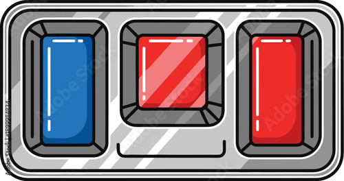 Metallic tray with three compartments containing vibrant red and blue liquids, depicted in a stylized cartoon illustration.
