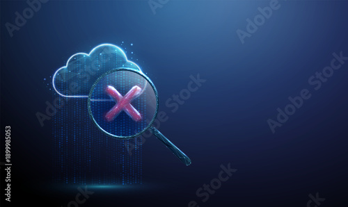 3d data cloud with magnifying glass with red cross. Error detection, invalid data, failed verification, troubleshooting, data analysis, information monitoring concept.
