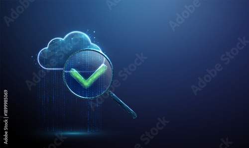 3d data cloud with flowing data stream, magnifying glass with green check mark. Successful verification, data validation, error-free analysis, verified information concept.