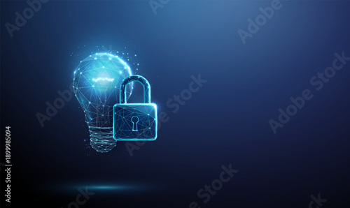 3d light bulb with padlock. Intellectual property protection, innovation safety, confidential concept, creative solutions with security, protected insights concept.