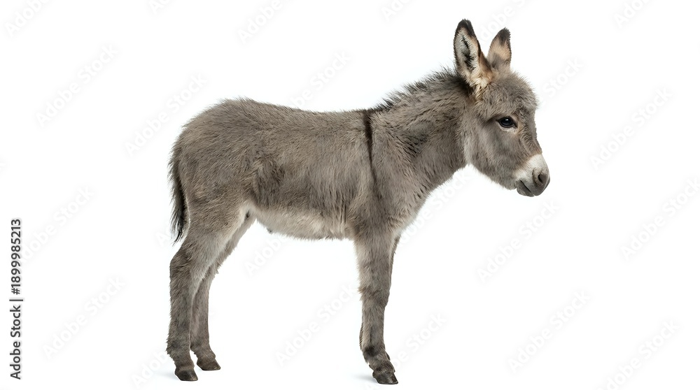 Fototapeta premium Young gray donkey standing in profile on white background isolated for design and educational materials.