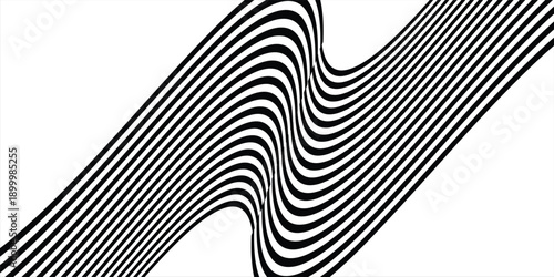 Black on white abstract perspective line wave stripes with 3d dimensional effect isolated on white background