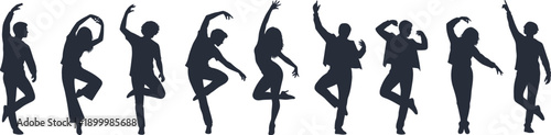 Diverse group of people in dynamic dance poses in silhouette