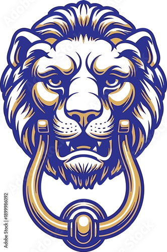 A majestic lion's head, intricately designed as an ornate door knocker, features detailed fur and a powerful expression in.