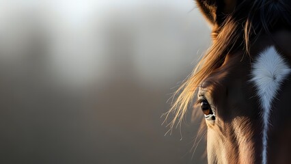 Close-up portrait of brown horse eye and mane with soft natural lighting and blurred background for equestrian and animal photography projects.