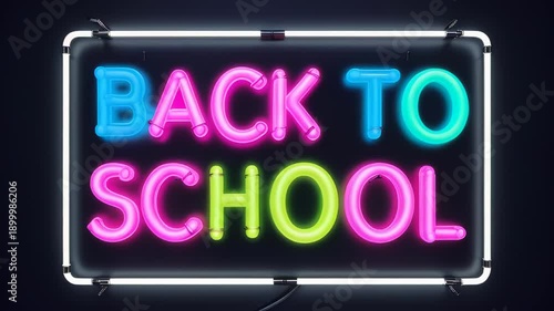 Neon “Back to School” sign featuring bright, multicolored glowing lettering set against a deep black background.
