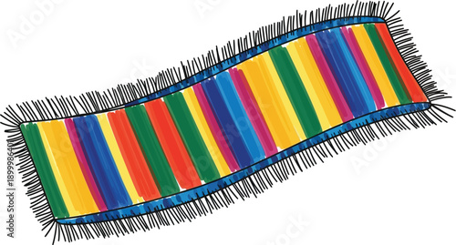 Brightly colored striped rug with fringe on both ends, featuring vibrant vertical bands of yellow, orange, red, green,.