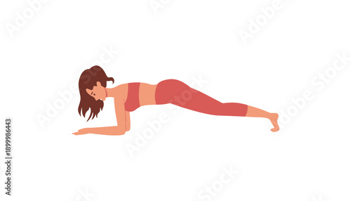 A woman in a plank position on a pink mat in a fitness studio