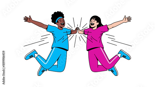 Diverse Women High Five Jump. Cheerful Friends Celebrating Success and Teamwork. Modern Flat Vector Illustration.