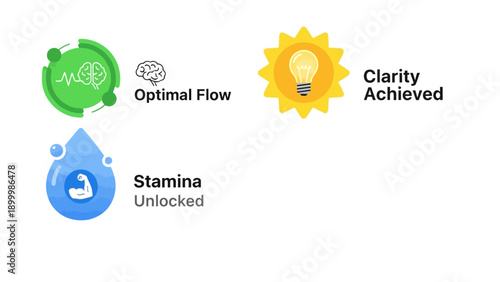Performance, Focus, and Energy Icons: Optimal Flow, Stamina Unlocked, and Clarity Achieved Concept Vector