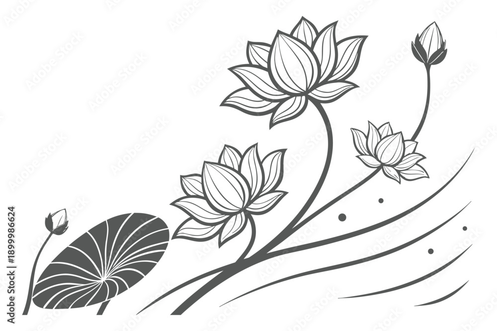 Fototapeta premium Grey Lotus Flower Pattern Drawing on White Background