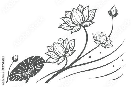 Grey Lotus Flower Pattern Drawing on White Background