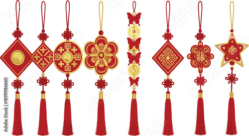 Traditional Chinese lucky knot vector set with red and gold decorative tassels featuring auspicious symbols coins and butterflies for Lunar New Year festival or Asian cultural decor
