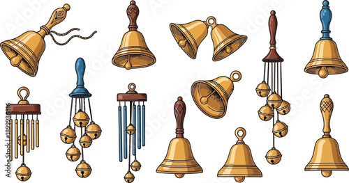 Diverse collection of decorative golden bells and various wind chimes are presented on a clean white background.
