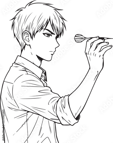 Anime style boy leaning on golf club, luxury sport drawing