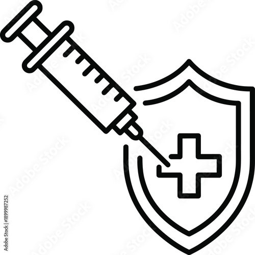Black line medical syringe injecting into shield with cross line black d