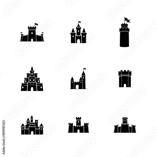 Collection of nine stylized silhouette vector castle icons with flags against a white background, representing fairy tales and fantasy.