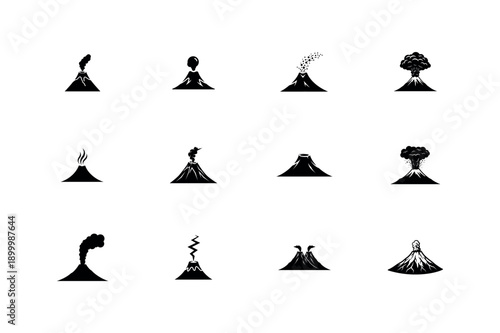 Set of 12 stylized silhouette vector volcano eruption icons, depicting various stages and types of volcanic activity.