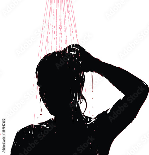 Woman enjoying refreshing shower against vibrant pink background