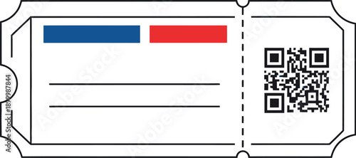 Blank entry ticket stub features a scannable QR code and colored blocks for event admission details.