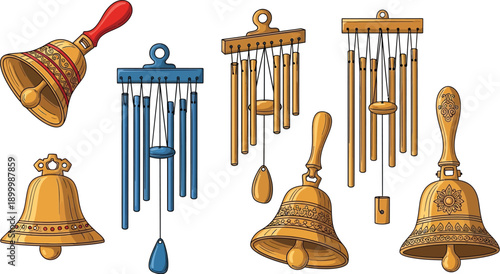 Assorted golden bells and wooden wind chimes are displayed against a white background for decoration.