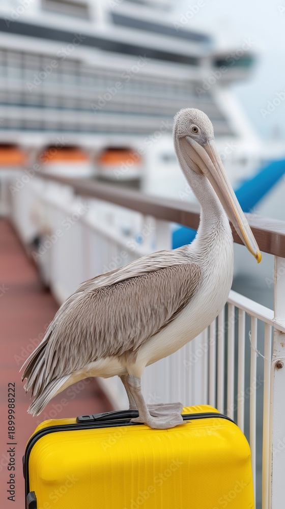 Fototapeta premium Pelican perched on yellow suitcase near cruise ship at dock
