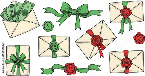 Assortment of sealed paper envelopes featuring green and red wax seals and ribbons with US currency spilling out.