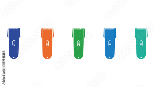 A collection of colorful hair clippers on a white background