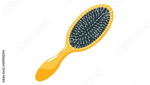 A yellow hairbrush with a black bristle head on a white background