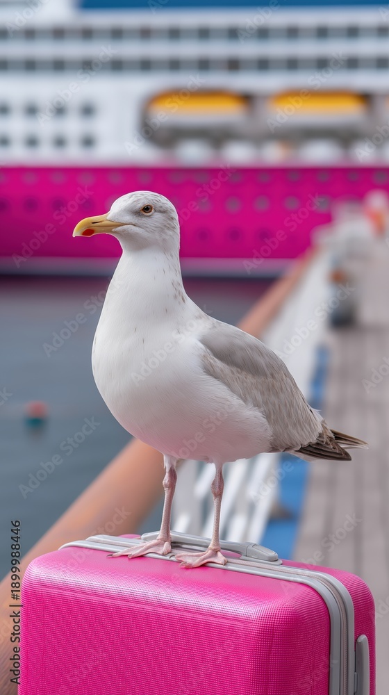 Fototapeta premium Seagull perched on pink suitcase by cruise ship at dock