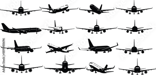 WebSet of black airplane silhouettes featuring various commercial jets and passenger planes isolated on white background for aviation travel and transportation vector illustration