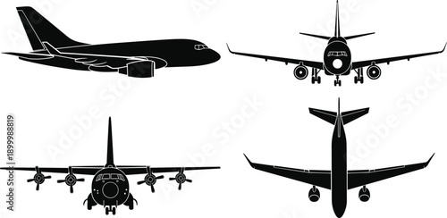 WebSet of black airplane silhouettes featuring various perspectives including side front and top views isolated on white background for aviation design vector illustration