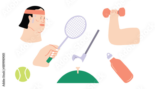 A fit person engaging in various sports and fitness activities with equipment