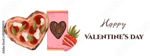 Valentine Day banner with heart shape pizza, chocolate and strawberry