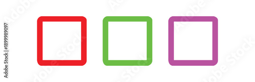 Colorful set of three modern rounded square frames featuring vibrant neon-like outlines, serving as versatile empty placeholders isolated on transparent background.