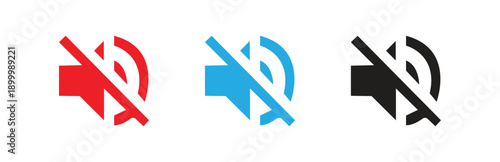 Set of three mute speaker icons in red, blue and black, isolated on a white background, representing silent mode and audio control functions.