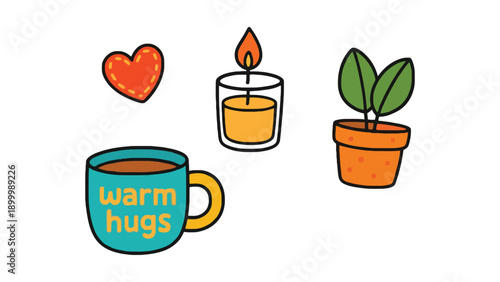 A colorful illustration of a steaming mug with warm hugs surrounded by hearts and a candle