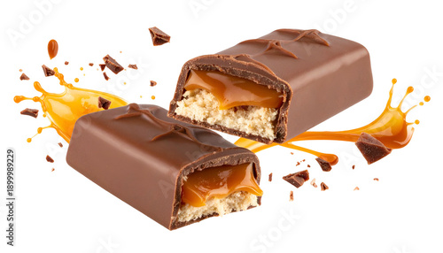 A chocolate-covered candy bar split open, revealing layers of caramel and nougat, with splash