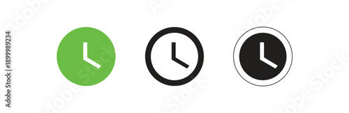 A set of three clock icons with different backgrounds including a bright green circular icon, a solid black icon, and a black icon with a white outline isolated on transparent background