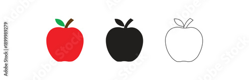 set of three apple icons showing a realistic red apple a solid black silhouette and a simple outline isolated on transparent background representing different visual styles
