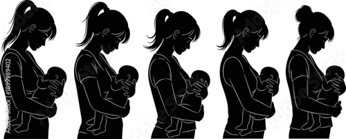 Mother and baby silhouette, nurturing maternal care illustration, motherhood bonding artwork, woman holding child design, black and white family love concept