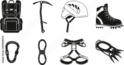 Mountaineering gear illustration, climbing equipment silhouette, backpack ice axe helmet, crampons carabiner harness, figure eight descender, black and white adventure design, outdoor safety tools