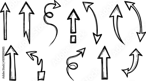 Hand-drawn arrow icon set, directional indicators, curved and straight arrows, graphic design elements, black vector illustration, motion symbols, navigation concept