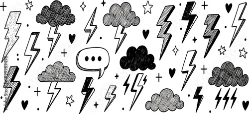 Hand-drawn lightning bolts, clouds, stars, hearts, doodle weather elements, comic-style illustration, playful black and white sketch, expressive symbolic design artwork