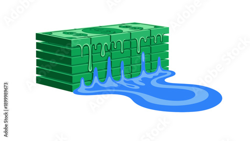 Financial Leak Concept: Stack of Money Bills Acting as a Wall with Water Rushing Out. Draining Funds and Budget Crisis Metaphor.