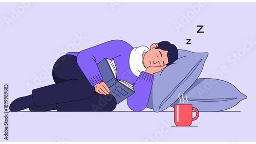 Tired Man Falling Asleep While Reading Book. Cozy Sleepy Student Napping with Hot Drink. Flat Vector Illustration of Relaxation and Rest.