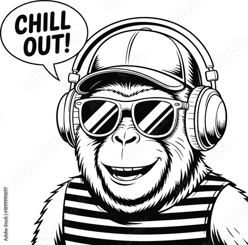 Monkey Wearing Sunglasses and Headphones with Striped Shirt