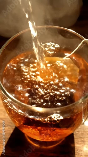 Hot water streaming into clear glass mug steeping a tea bag for a comforting drink