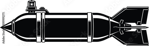 Aerial Bomb Missile Silhouette with Fins, Military Weapon Concept, Black and White Explosive Ordnance Vector Illustration