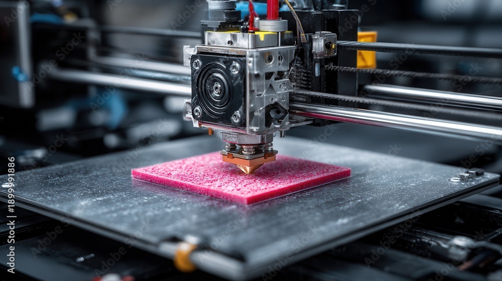 Fototapeta premium Close-up of 3D printer creating vibrant pink object on metal build plate